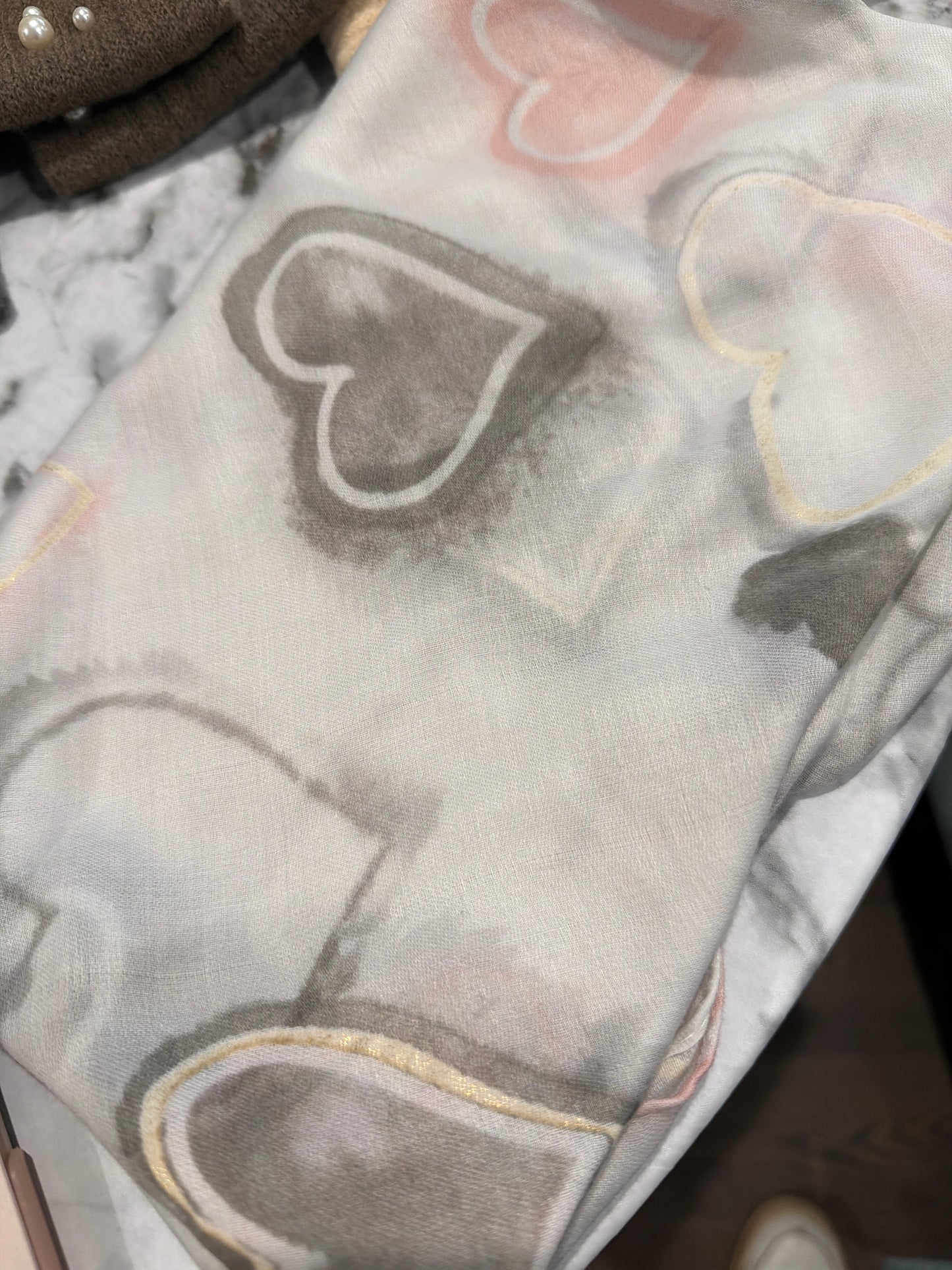 Square Scarf - Soft Pink and Grey Hearts