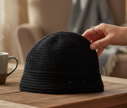 Ribbed Front Black Slouchy Beanie