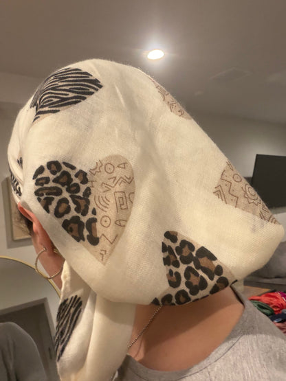 Square Tichel - Cream Animal Print Heart