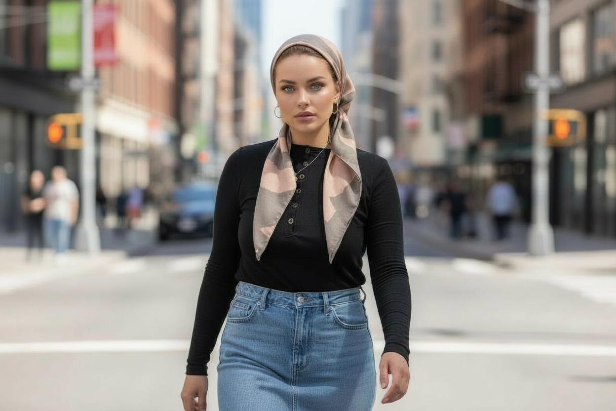 Square Tichel - Pink & Grey Stripes