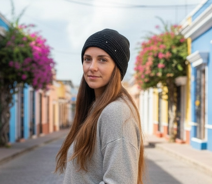 Ribbed Front Black Slouchy Beanie