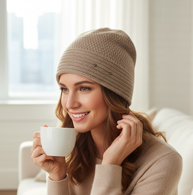 Ribbed Front Tan Slouchy Beanie