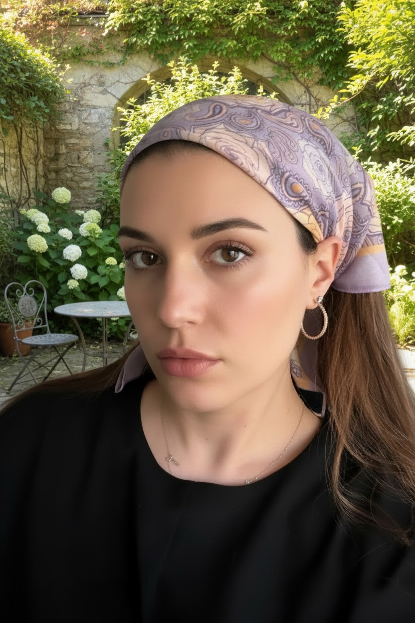 Woman wearing a purple paisley bandana in an outdoor setting with greenery and a stone wall.